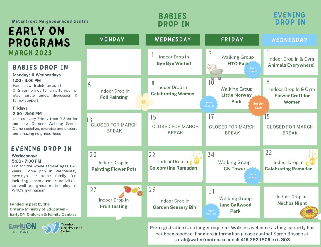 waterfrontncto's tweet image. March - EarlyON Calendar ✨

For more information contact Sarah at 416.392.1509 x 303 or sarah@waterfrontnc.ca

#WaterfrontncTO #EarlyON #babyprograms #familyprograms