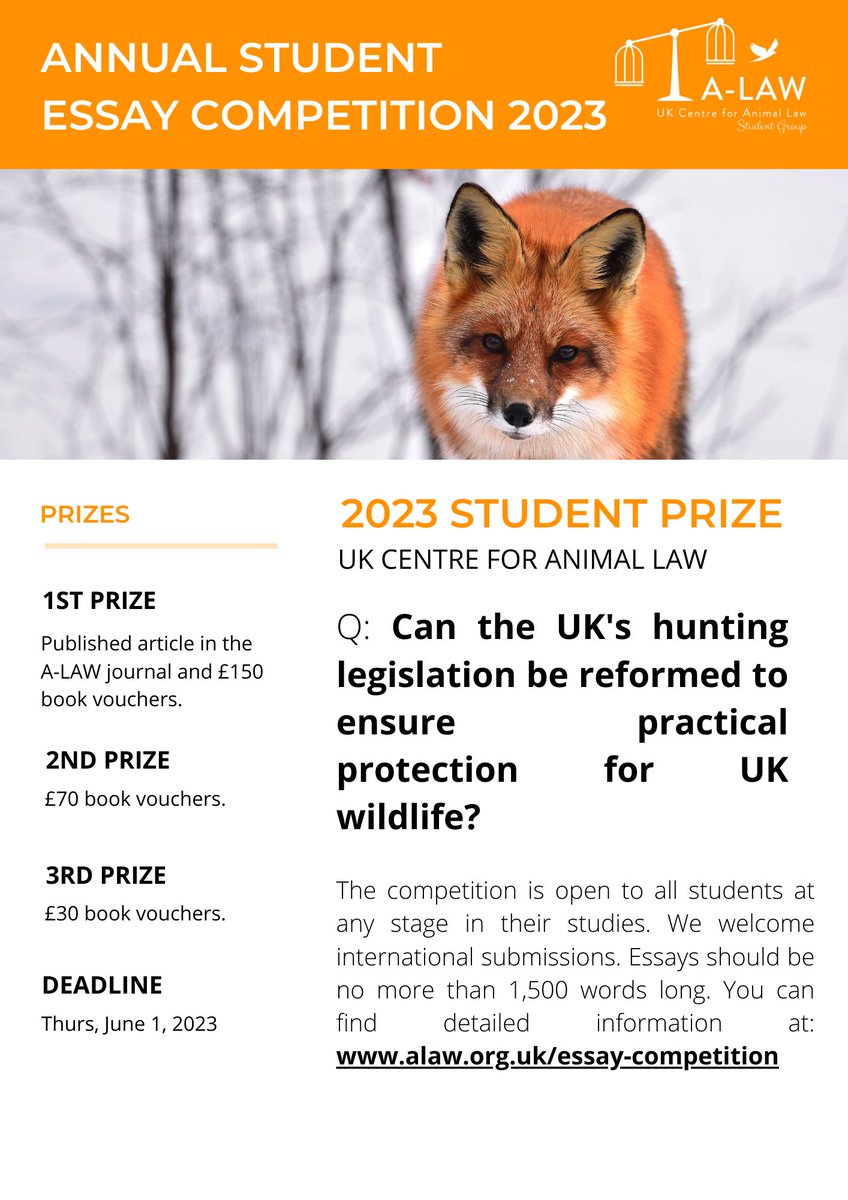 ALAWAnimalLaw's tweet photo. We are thrilled to launch our 2023 Annual Student Essay Competition! You can find the details below! You can visit our website for more information: https://t.co/lYGr593Q7W

Please share this with anyone you think interested!! 

#writeforanimals #studentcompetition #essaycomp https://t.co/sfdRwSKM2Z