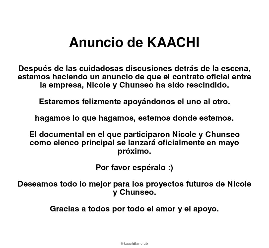 AttiFanclub's tweet photo. La cuenta oficial de KAACHI/ la empresa, ha lanzado un comunicado donde avisa sobre la terminación del contrato de Chunseo y Nicole, por lo que dice tal parece que quedaron en buenos términos.

#KAACHI https://t.co/kJXGo7mKzD