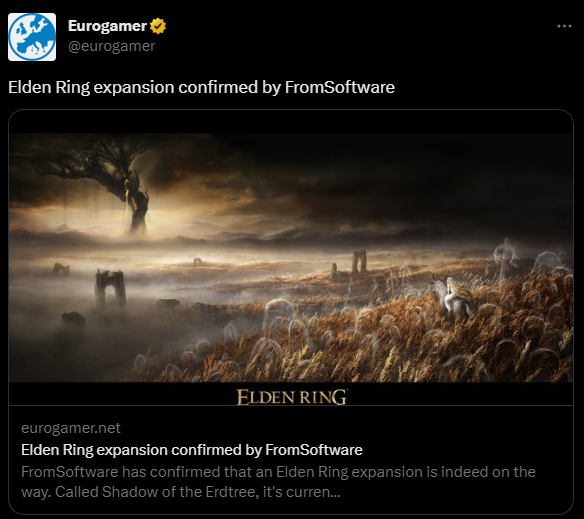Saved You A Click Video Games on X: The official Elden Ring Twitter  account announced that an expansion is in development called Shadow of the  Erdtree. Release date is unknown.  /