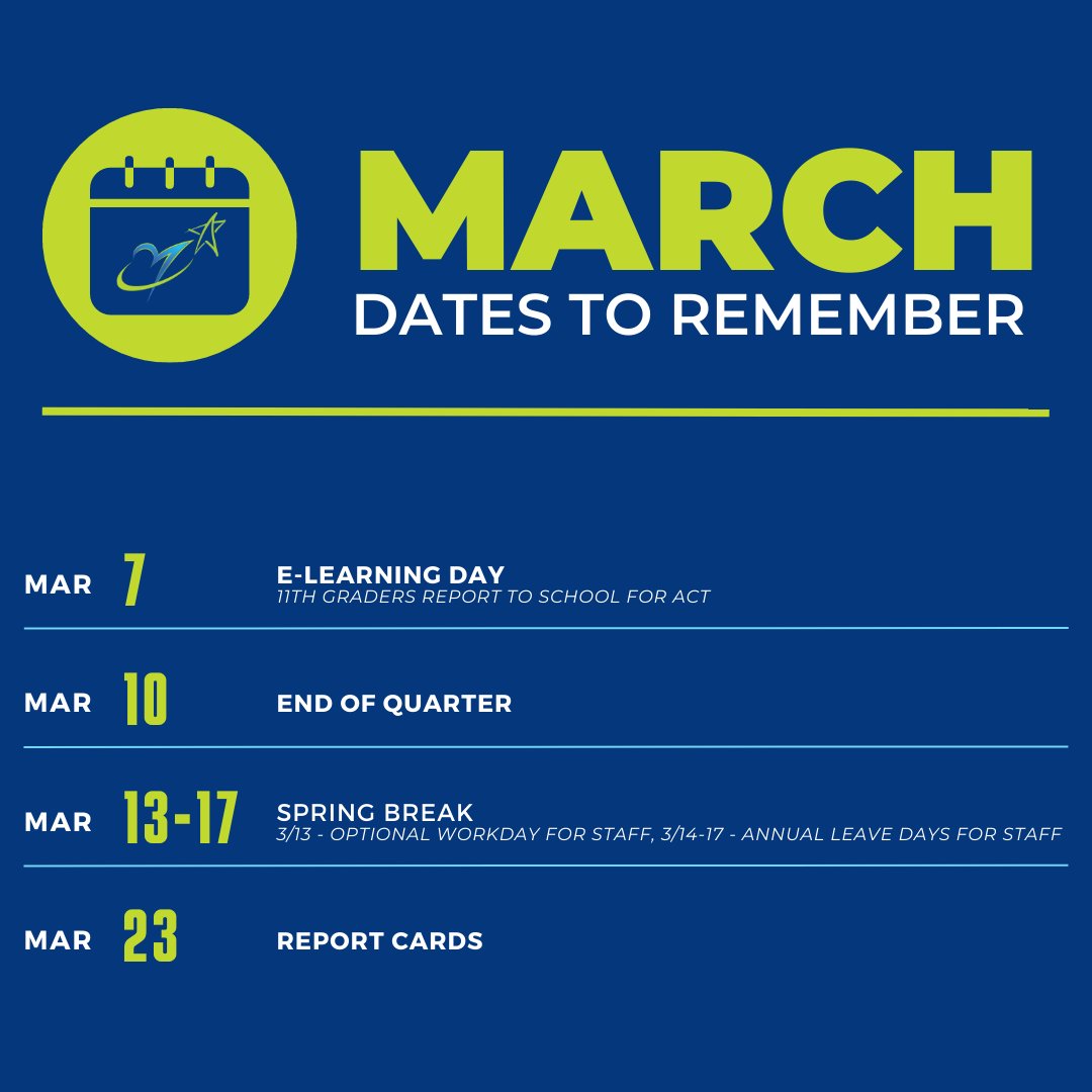 📌 MARCH DATES TO REMEMBER 📌

📅 March 7 - E-Learning Day (except 11th graders - ACT)
📅 March 10 - End of Quarter
📅 March 13-17 - Spring Break
📅 March 23 - Report Cards