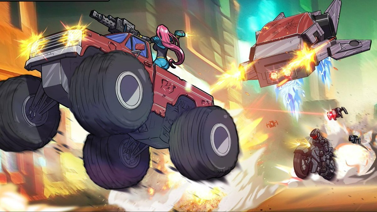 RebelRun_NFA's tweet photo. Road dust and screams fill the air, freedom so close you can taste it. But first… you must blast your way through the NWO’s roadblocks and meat shields, fleeing the Mecha monsters they’ve unleashed!

This is Rebel Run. 🛻 https://t.co/L8TWTCTc2J