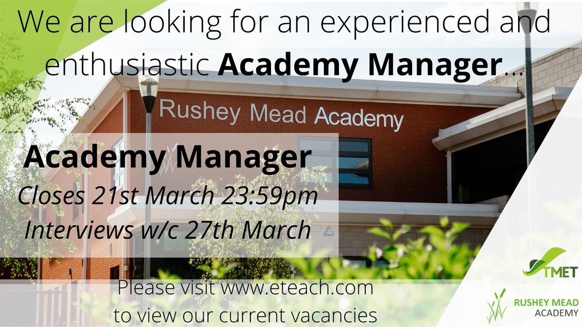 RusheyMeadAcad's tweet photo. We are recruiting for an Academy Manager who will play a vital role, in the leadership of our Academy. Come and join the Rushey Family!
https://t.co/TzKkk3KLOv
@TMETrust https://t.co/ox0FpyScDY