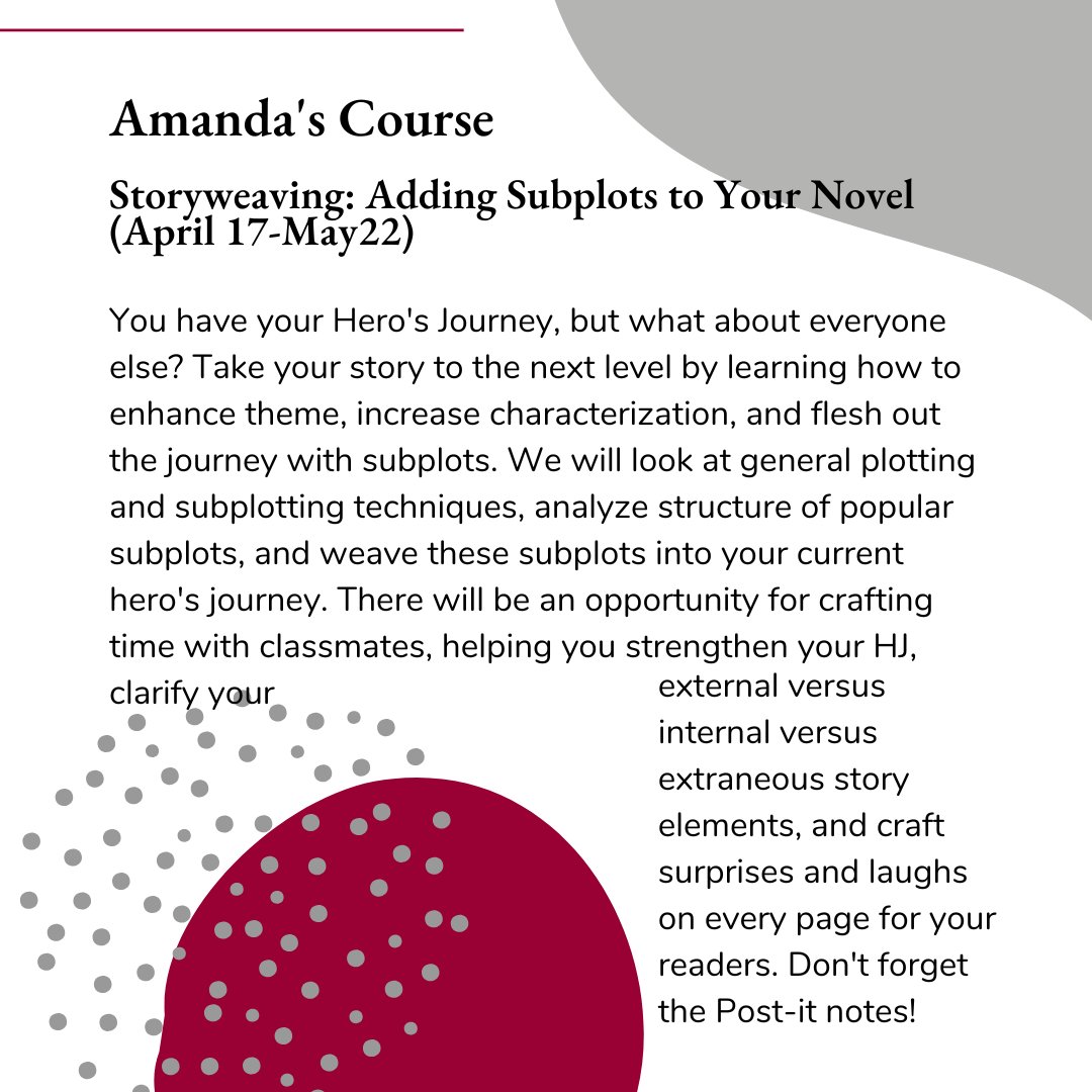 RosemontPublish's tweet photo. Want to make your novel more complex? Add subplots! Let Amanda Arista show you how this spring.
https://t.co/S0e7hw7l67
#writing #writingcommunity #novel #novelwriting #subplot #onlinecourse #novelcraft #amwriting https://t.co/jdVI9iKPhC