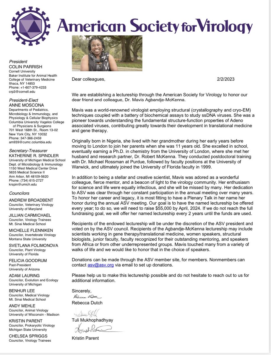 Phage4Lyfe's tweet image. @TuliLab and I are establishing an endowed lectureship to honor an outstanding virologist and colleague, Dr. Mavis Agbandje-McKenna. ASV members can donate via membership.asv.org and non members can donate at members.asv.org/donation