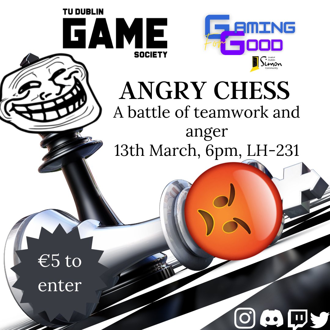 TUDublinGameSoc's tweet photo. Good at chess? great! 
Your friend bad at chess? perfect! 
team up with a partner for an angry chess and support Dublin Simon community https://t.co/1EUrPAFMDs