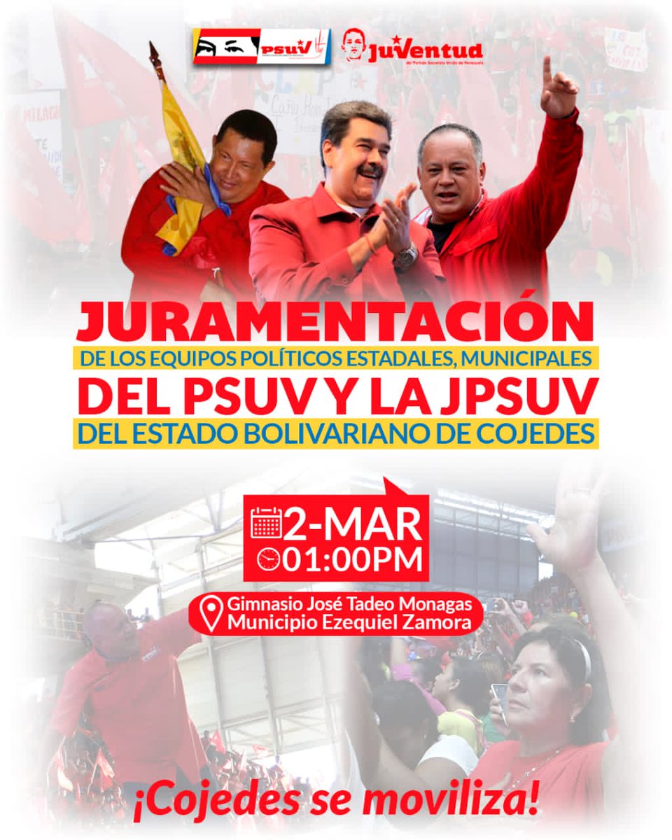 Cojedes se moviliza a la Juramentación de los Equipos Estadales, Municipales del PSUV y la JPSUV. Este Jueves, 2 de marzo, a la 1:00 pm en el Gimnasio José Tadeo Monagas 
#OrganizarUnirSumar
<a href="/PSUVoficial/">PSUV Oficial</a> <a href="/PSUVCOJEDES1/">PSUV COJEDES</a>  <a href="/dcabellor/">Diosdado Cabello R</a> <a href="/pinfantea/">Pedro Infante A.</a> <a href="/irisvarela/">maria iris varela</a> @JohnPsuv2025