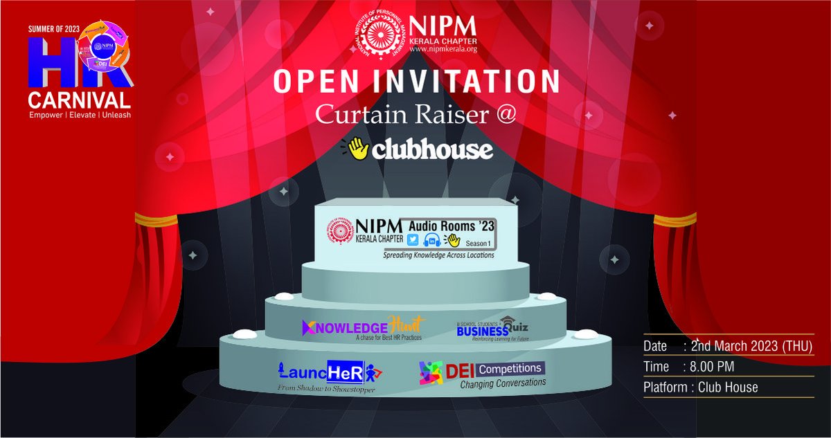 nipmkerala's tweet image. The Summer Carnival of #HR is designed to address #competency gaps in order to manage the #futureofwork. 

Join us for the #CurtainRaiser at #Clubhouse: bit.ly/3kuiTyy

On 2nd Mar 2023 at 8pm

#hrcarnival #launcher #knowledgehunt #businessquiz #DEI