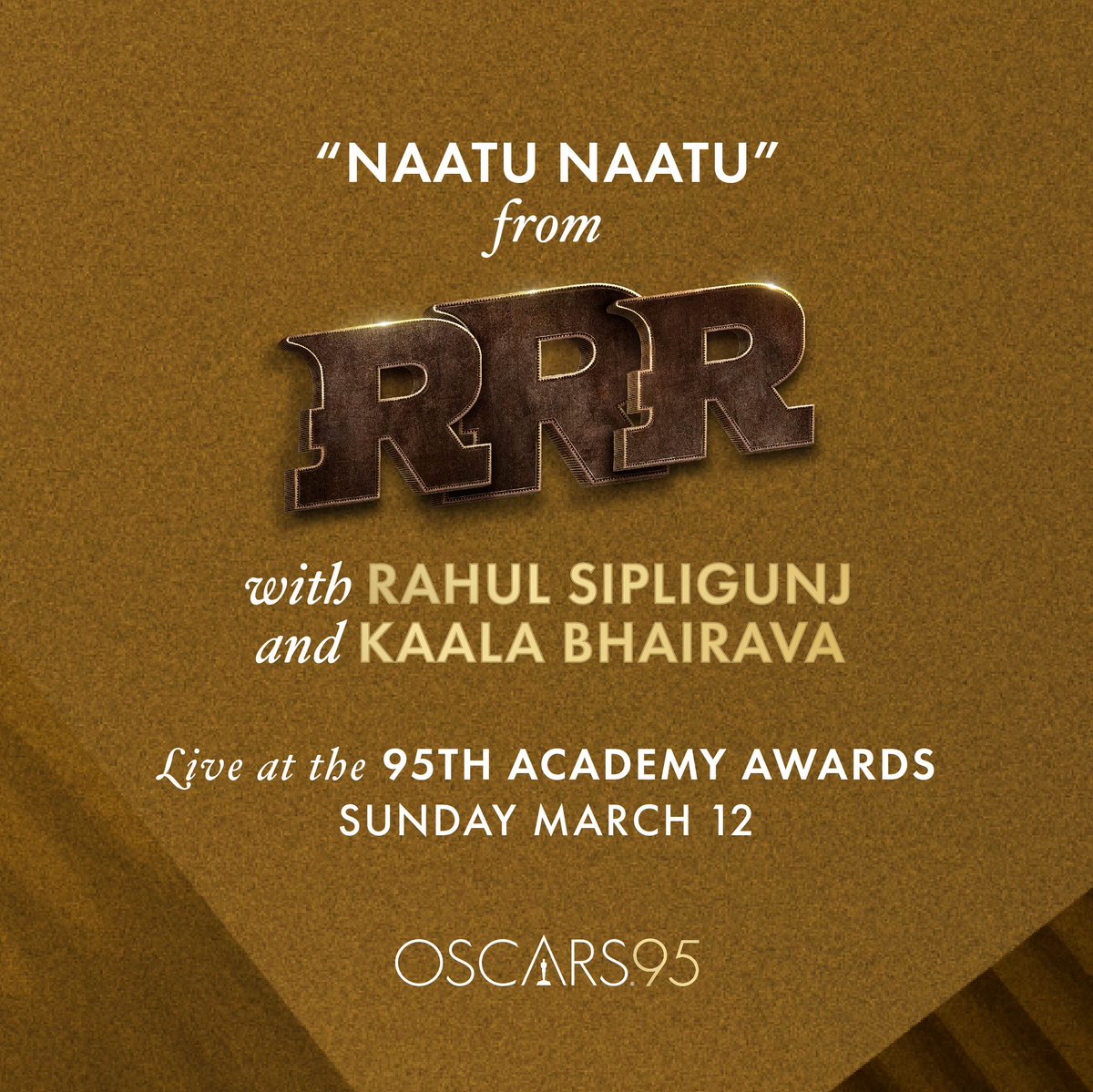 Rahul Sipligunj and Kaala Bhairava. “Naatu Naatu.' LIVE at the 95th Oscars. Tune into ABC to watch the Oscars LIVE on Sunday, March 12th at 8e/5p! #Oscars95