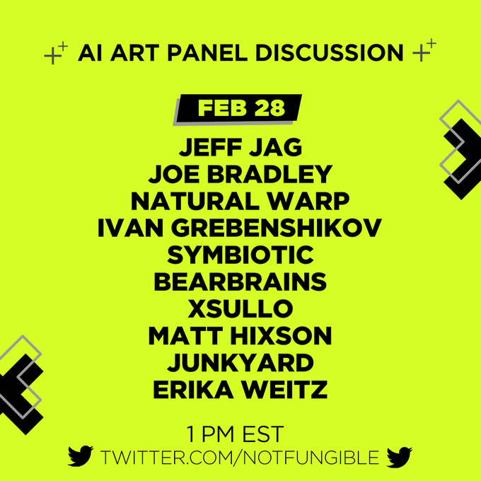 Plotskis's tweet photo. Join me and @NotFungible at 1PM EST for Day 1 of our AI Art Panels.  

Intention and Validity of AI Art - The Sale of Edmund de Belamy 
https://t.co/00XvD1U37W https://t.co/Cs4rCJg9W4