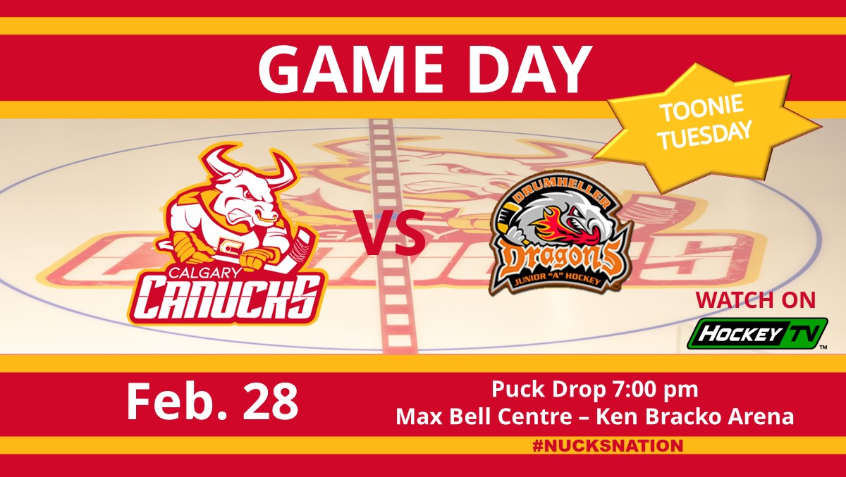 Calgary_Canucks's tweet image. GAME DAY! It's #ToonieTuesday and the @drumdragons are in #yyc. Students, Seniors, and Children tickets are only $2! See you at Max Bell Centre! #GoNucks