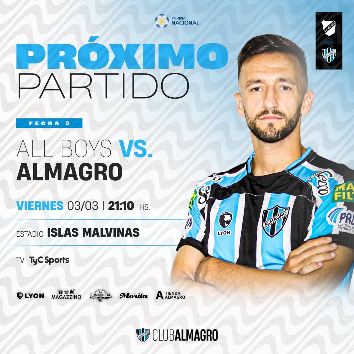 𝙑𝙖𝙢𝙤𝙨 𝙥𝙤𝙧 𝙢𝙖́𝙨 𝙚𝙣 𝙁𝙡𝙤𝙧𝙚𝙨𝙩𝙖 💪🏼

🆗 Por la 5ta. fecha, Almagro visitará a All Boys el próximo viernes desde las 21:10 hs. y con transmisión de TyC Sports.

#VamosTricolor 🇪🇪