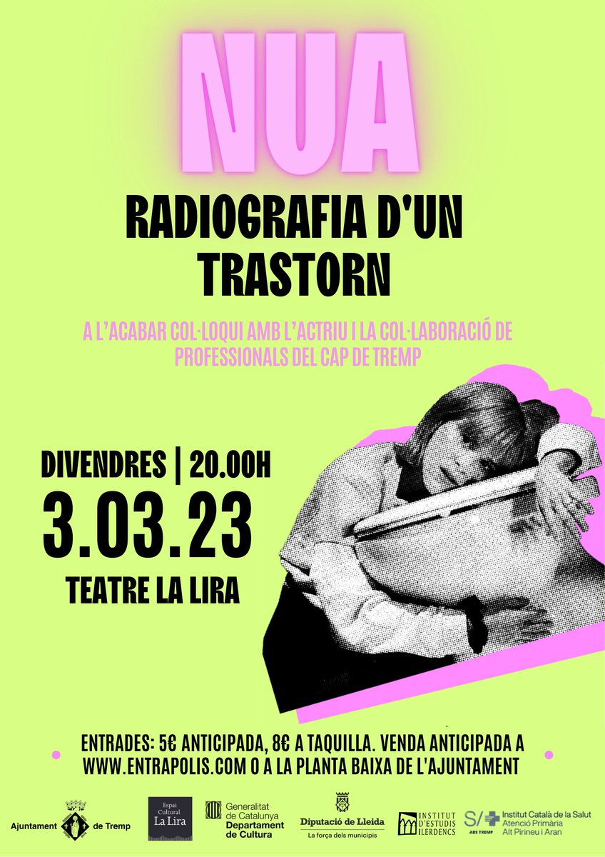 📢 NUA (radiografia d'un transtorn)
📆 Divendres 3 de març
🕗 20h a l'Espai Cultural la Lira
💵 Preu entrada: 8€; anticipada: 5€
🎟️ Compra la teva entrada a la web ow.ly/kVlJ50N1GbN
A l'acabar farem 💬col·loqui amb la protagonista i professionals del CAP de Tremp