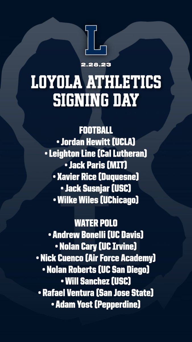 LoyolaAthletics's tweet photo. 𝙇𝙤𝙮𝙤𝙡𝙖 𝙎𝙞𝙜𝙣𝙞𝙣𝙜 𝘿𝙖𝙮 • Congrats to our 13 senior student-athletes from @LoyolaFB and @LoyolaWP! 

We are so proud of our Cubs and excited for their futures in the pool and on the gridiron. #GoCubs | #C4L ✍️👏 https://t.co/mdMW8XINTN