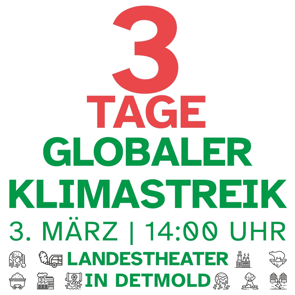 3 Tage noch ‼️
Am 3.3. ist es wieder so weit, ein weiterer Globaler Klimastreik in Detmold❗️

3. März 📅 | 14:00 Uhr 🕜 | Landestheather in Detmold 📍 | Globaler Klimastreik 💚 🌍 🌱

#FridaysForFuture #FFFDetmold