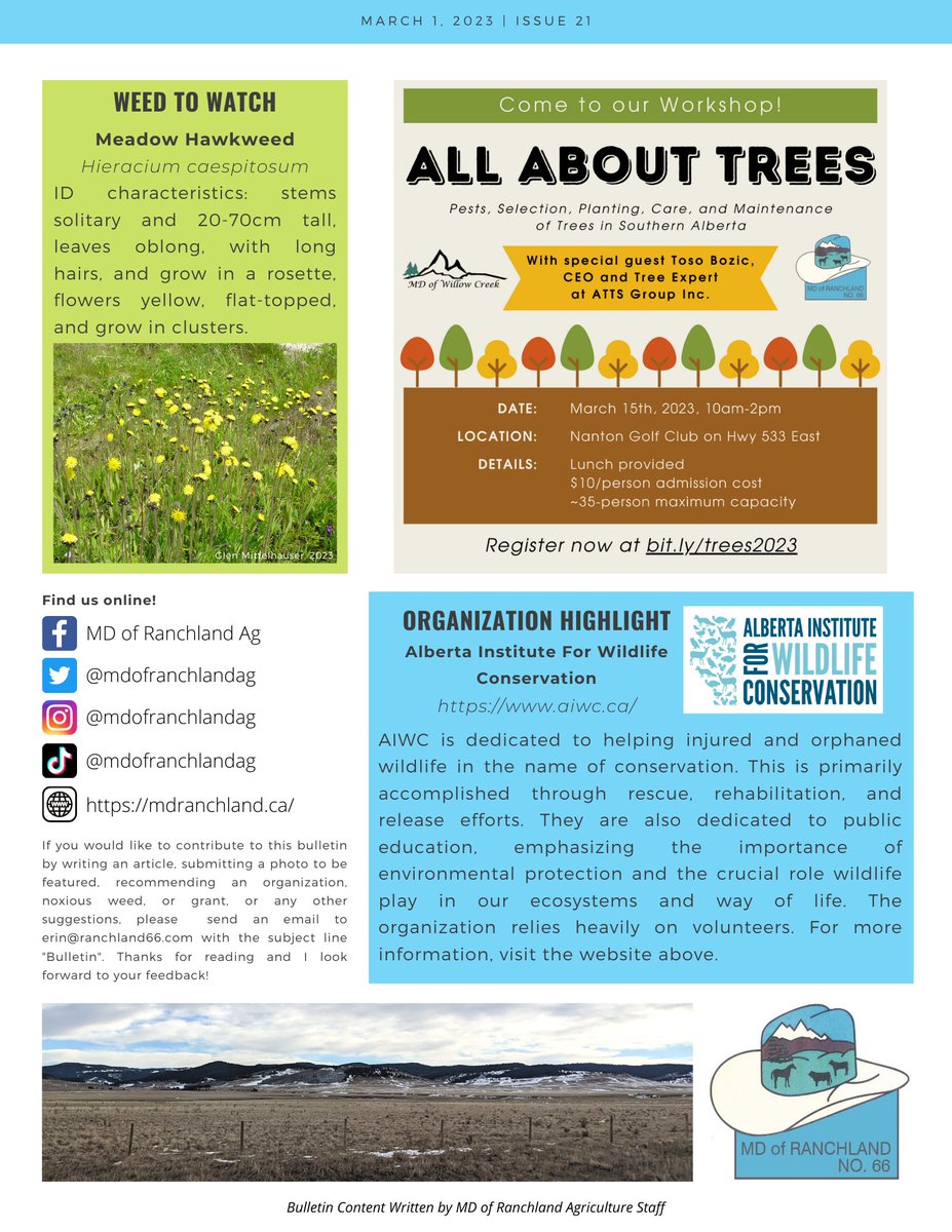 The Ag #Bulletin for March. An #article on the @AlbertaEFP #Habitat & #Biodiversity Tool, Grant to Apply For: @RDARAlberta On-Farm Climate Action Fund (#ofcaf), Weed to Watch: Meadow #Hawkweed, info on All About #Trees event March 15 with @willowcreek26, & a highlight for @AIWC.