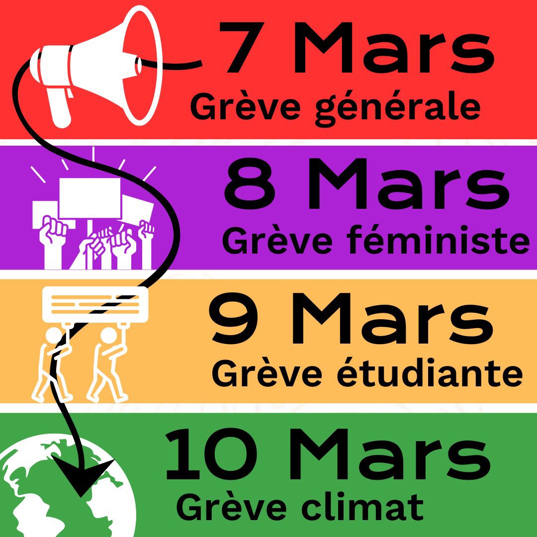 Jeunes_Ecolos's tweet photo. ✊ SEMAINE DE MOBILISATION

🔴 Le 7 mars, grève générale
🟣 Le 8 mars, grève féministe
🟠 Le 9 mars, grève étudiante
🟢 Le 10 mars, grève pour le climat

Rendez-vous dans la rue ! https://t.co/OtKOZYNNsl