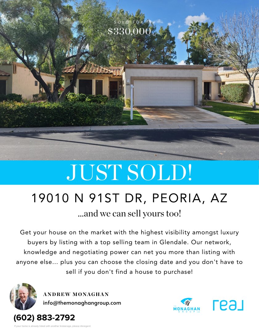 AJ_Monaghan's tweet photo. Just sold another fantastic property! 🏡🎉 It was a pleasure working with the our client to make sure their home was priced right, marketed effectively, and shown to interested buyers.
#TheMonaghanGroup #arizonahomes #arizonarealestate #RealBroker #suncitywestaz #homesold https://t.co/E6t8aUDdcE