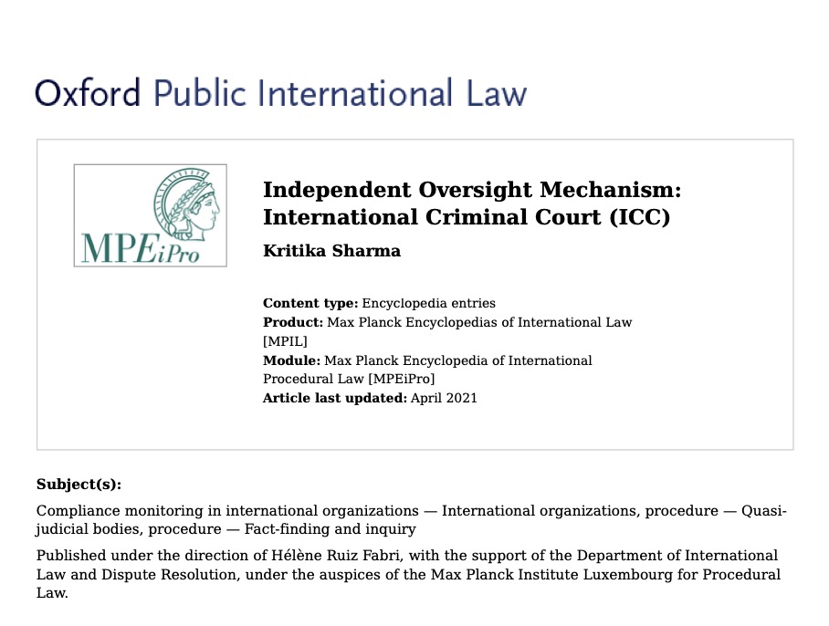 MPI_Luxembourg's tweet photo. The latest #MPEiPro entry of Kritika Sharma presents the #Independent #Oversight Mechanism of the  @IntlCrimCourt (#ICC). Read more about it here: https://t.co/bqyjeGrNPd… 
@maxplancklaw @iccwbo @december_leaf @LawMinerva @LeidenLaw https://t.co/6dvJC6WsYz