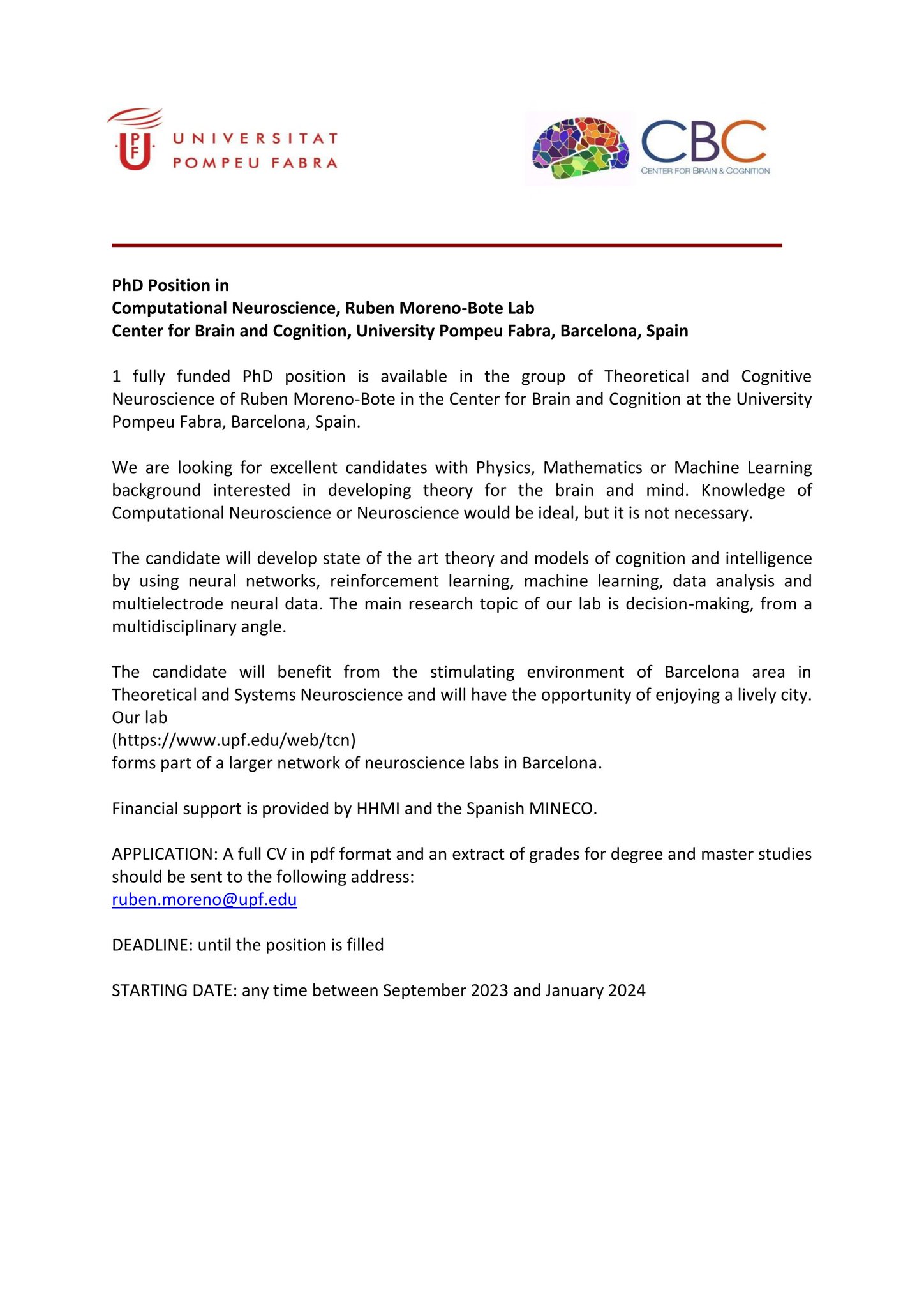 Rubén Moreno-Bote on X: “PhD position in my lab! Are you