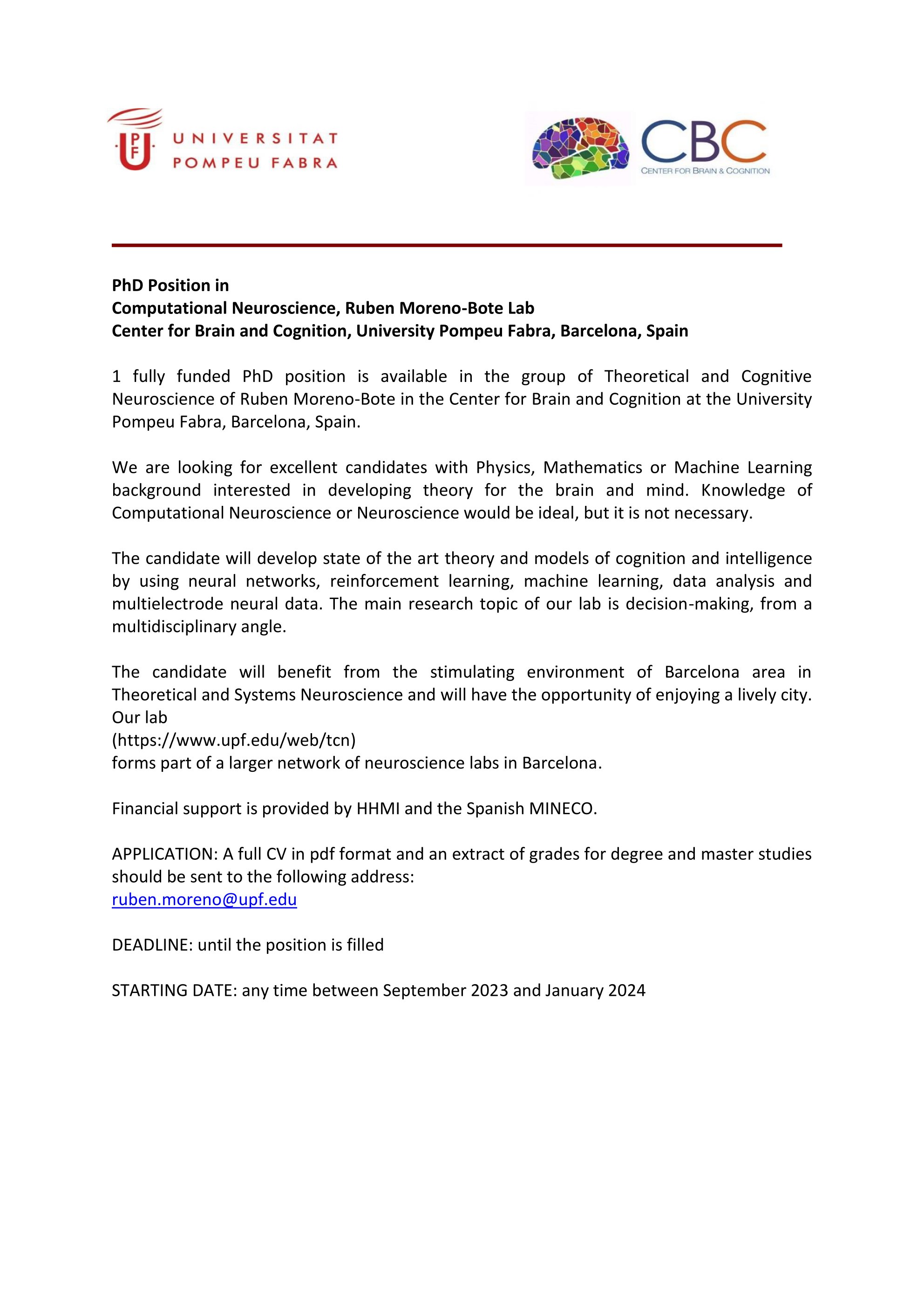 Rubén Moreno-Bote on X: &ldquo;PhD position in my lab! Are you 