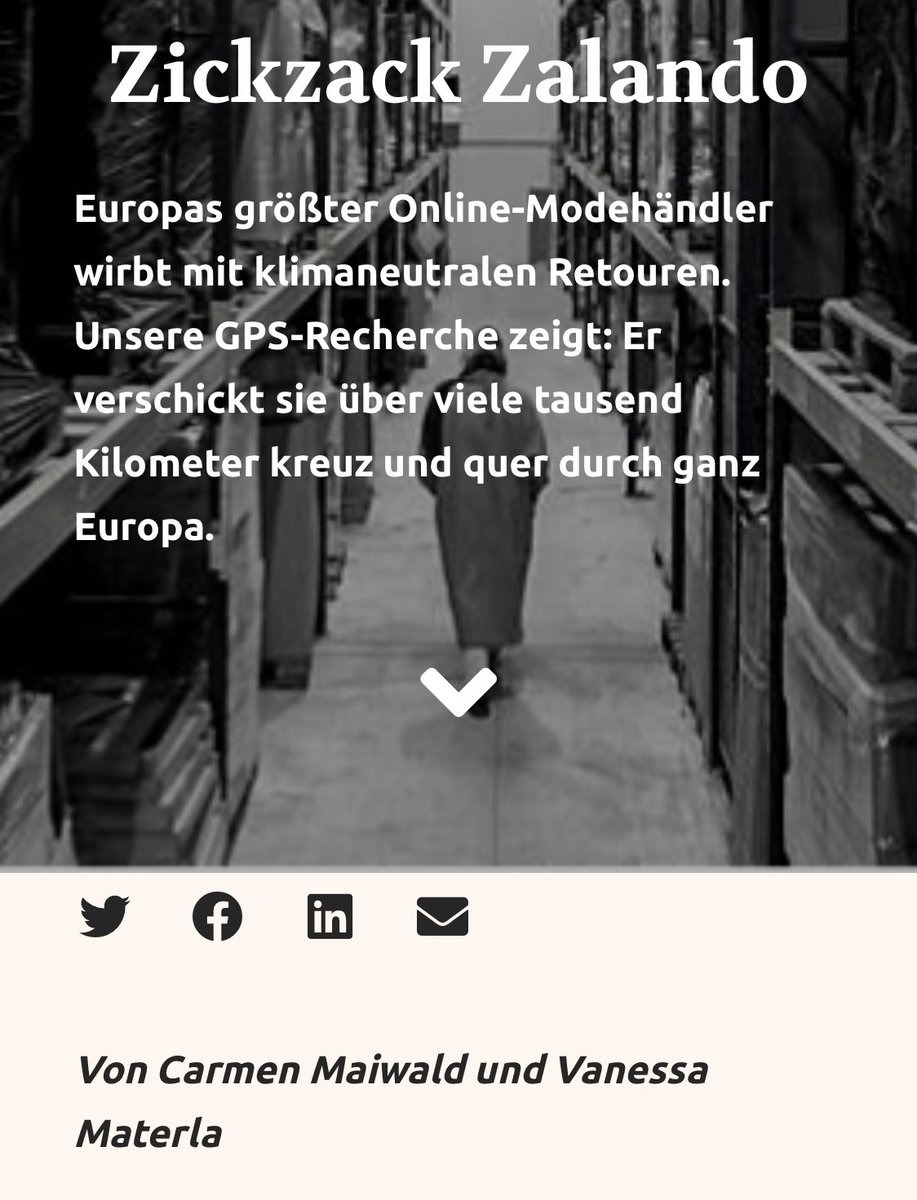 Felix Rohrbeck (@felixrohrbeck) on Twitter photo Zalando verspricht klimaneutrale Retouren - und verschickt sie kreuz & quer durch Europa.
Wie die Reporterinnen <a href="/MaiwaldCarmen/">Carmen Maiwald</a> & <a href="/VMaterla/">Vanessa Materla</a> für unser Medien-Startup <a href="/letsflip_de/">Flip</a>, <a href="/DIEZEIT/">DIE ZEIT</a> & Vollbild per GPS-Recherche das System Zalando offengelegt haben, ist der Hammer. Zalando verspricht klimaneutrale Retouren - und verschickt sie kreuz & quer durch Europa.
Wie die Reporterinnen <a href="/MaiwaldCarmen/">Carmen Maiwald</a> & <a href="/VMaterla/">Vanessa Materla</a> für unser Medien-Startup <a href="/letsflip_de/">Flip</a>, <a href="/DIEZEIT/">DIE ZEIT</a> & Vollbild per GPS-Recherche das System Zalando offengelegt haben, ist der Hammer.