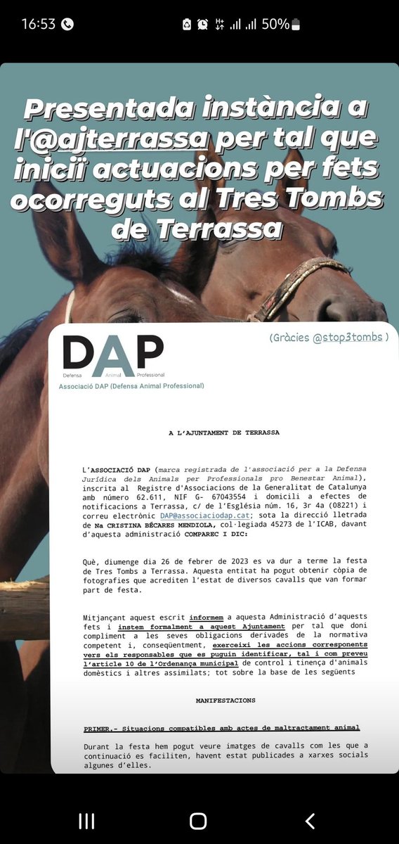 Presentada una instància a <a href="/ajterrassa/">Ajuntament de Terrassa</a> per tal que iniciïn actuacions per fets ocorreguts al #TresTombs de #Terrassa 🐴. L'ordenança OBLIGA a dur a terme aquesta actuació. Estarem pendents de les actuacions! 👇👇👇