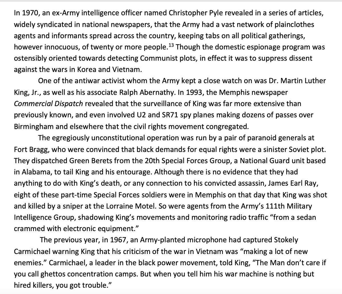 sethharpesq's tweet photo. Had to cut this from my draft but I think it's interesting -- a discussion of how the US Army Special Forces spied on MLK Jr and his entourage https://t.co/BPplzZ8DwC