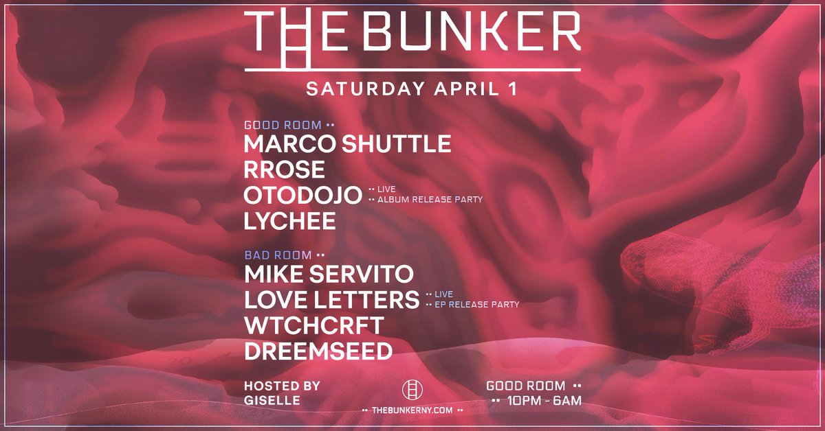 The Bunker (@thebunkerny) on Twitter photo Just announced: The Bunker on April 1 at <a href="/GoodRoomBK/">Good Room</a> celebrating new records from <a href="/otodojo/">MJ Kariya</a> & Love Letters with <a href="/marco_shuttle/">Marco Shuttle / Eerie Records</a> <a href="/rrose1921/">Rrose ╪ Eaux</a> <a href="/lycheefrut/">lycheefrut</a> <a href="/mikeservito/">Mike Servito</a> <a href="/WTCHCRFT666/">WTCHCRFT</a> and Dreemseed Just announced: The Bunker on April 1 at <a href="/GoodRoomBK/">Good Room</a> celebrating new records from <a href="/otodojo/">MJ Kariya</a> & Love Letters with <a href="/marco_shuttle/">Marco Shuttle / Eerie Records</a> <a href="/rrose1921/">Rrose ╪ Eaux</a> <a href="/lycheefrut/">lycheefrut</a> <a href="/mikeservito/">Mike Servito</a> <a href="/WTCHCRFT666/">WTCHCRFT</a> and Dreemseed