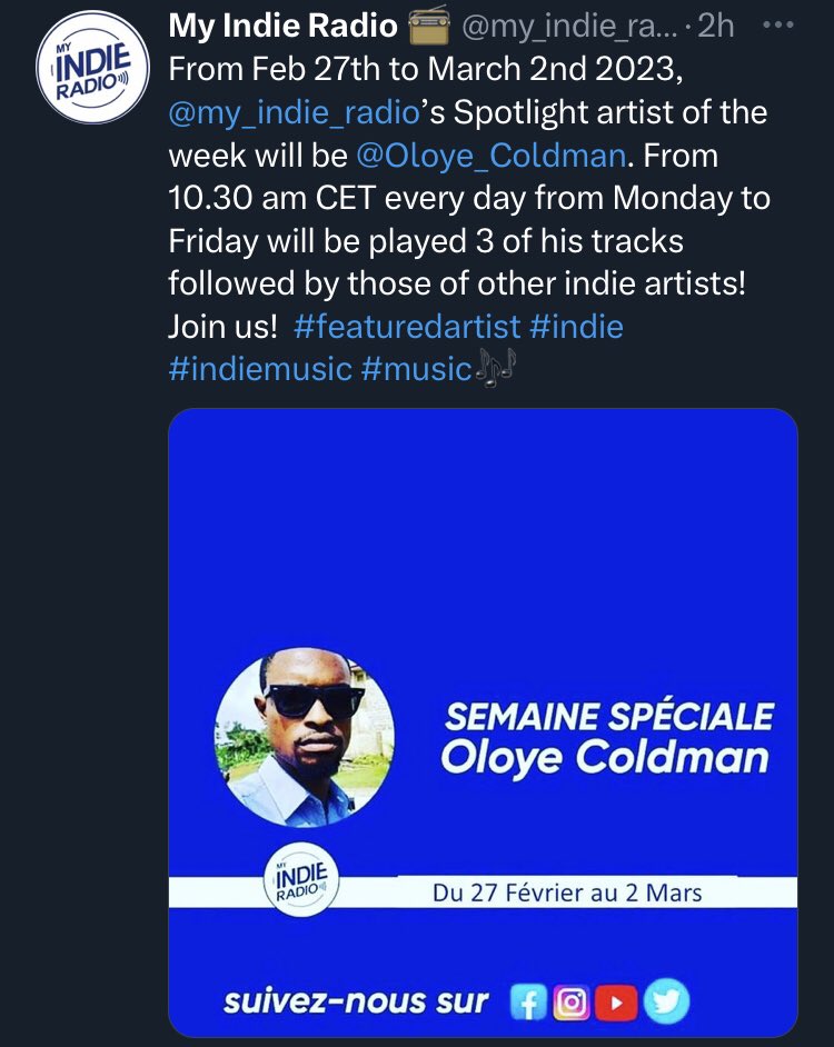 #coldgangNIG 🇳🇬 (@coldgangnig) on Twitter photo 3 of <a href="/Oloye_Coldman/">Oloye Coldman</a>’s songs will be playing back to back in Paris, France for the next one week for winning an International Award (Indie Fam Award).
His new Afrobeat banger “Let Me Know” sky rocketed his music career into the international market once again but this time to… 3 of <a href="/Oloye_Coldman/">Oloye Coldman</a>’s songs will be playing back to back in Paris, France for the next one week for winning an International Award (Indie Fam Award).
His new Afrobeat banger “Let Me Know” sky rocketed his music career into the international market once again but this time to…