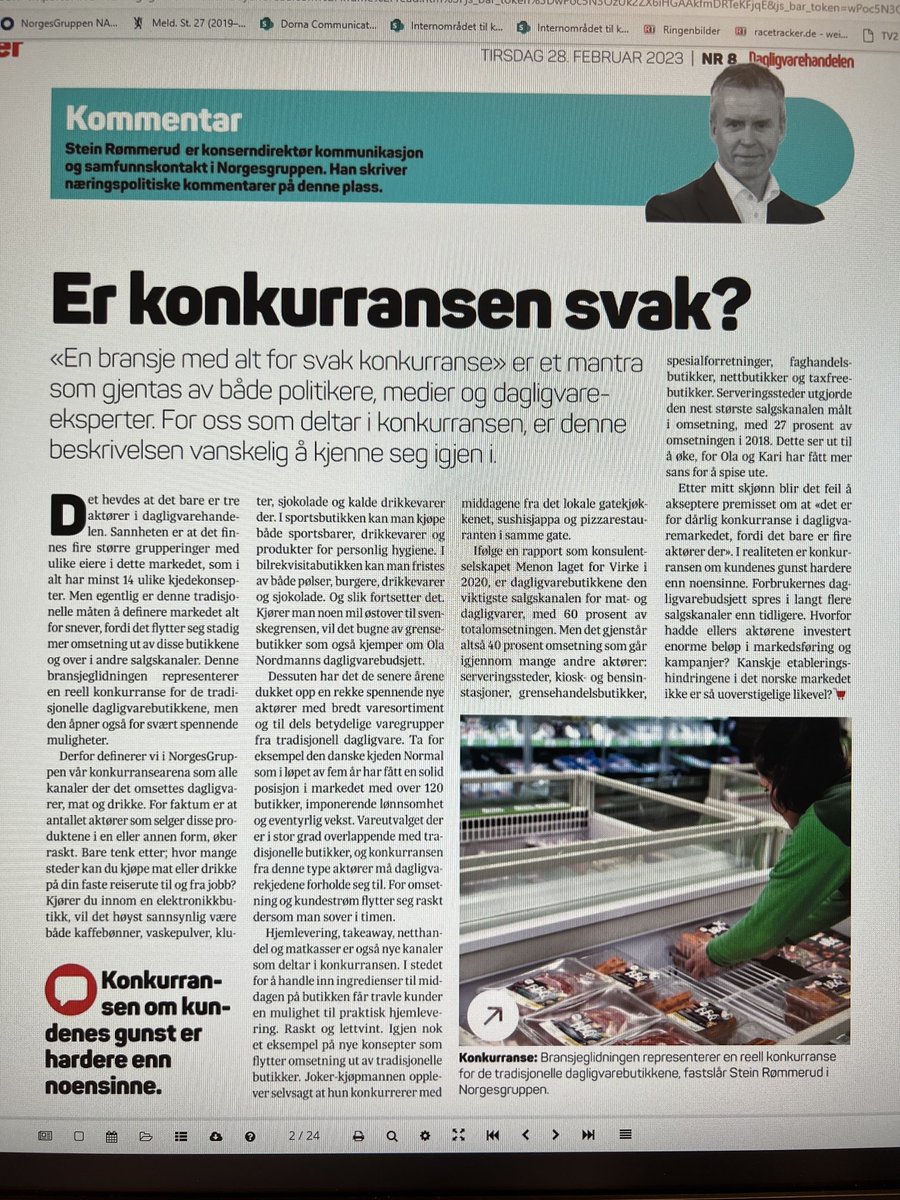 Jeg skriver om konkurranse og bransjeglidning i denne ukes ⁦<a href="/Dagligvarer/">Dagligvarehandelen</a>⁩. Markedet har endret seg og nye aktører utfordrer de etablerte. Kampen om kundene er langt hardere enn mange hevder. ⁦<a href="/norgesgruppen/">NorgesGruppen</a>⁩