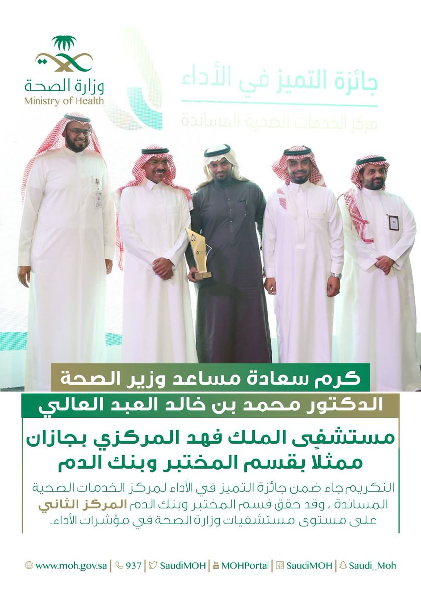 قسم المختبر وبنك الدم بمستشفى الملك فهد المركزي بـ #جازان يحقق المركز الثاني في جائزة الأداء لمركز الخدمات الصحية المساندة للعام 2022 م في مؤشرات الأداء.