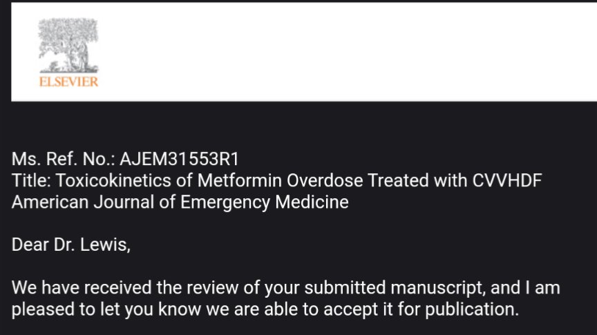 Our case shows CVVHDF reduces metformin half-life after overdose. Due to nursing shortages we were forced to switch from HD to CVVHDF. Happy to see this get published.