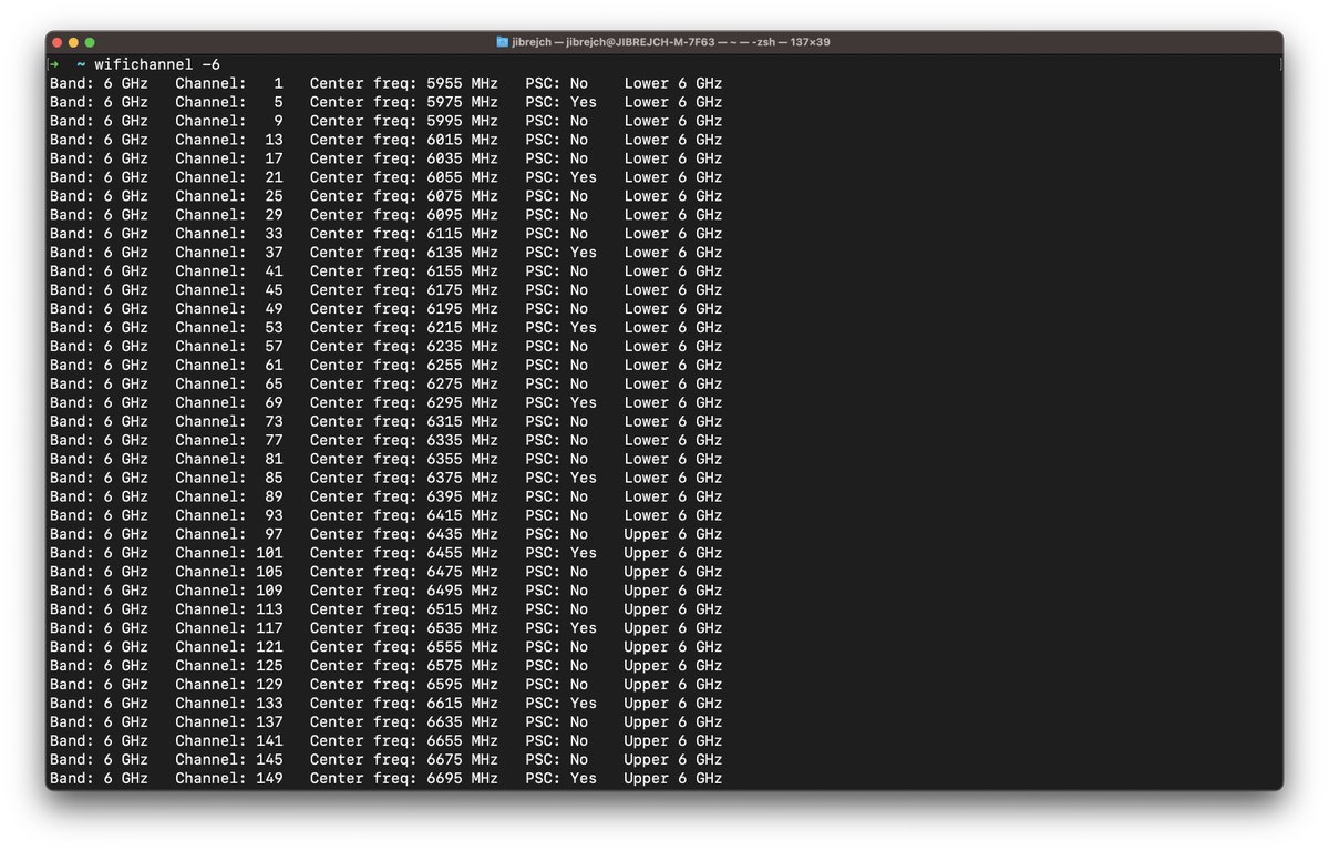jiribrejcha's tweet photo. Are you getting used to the 6 GHz channel numbers, PSC, and center frequencies? Give wifichannel tool a try.

Practical examples of what it can do for you: https://t.co/6rqemlBHxU

Install on macOS: https://t.co/WHhlVlRyxh

#WiFi6E #WiFi #6GHz #wifichannel https://t.co/GY4tOlVEbF
