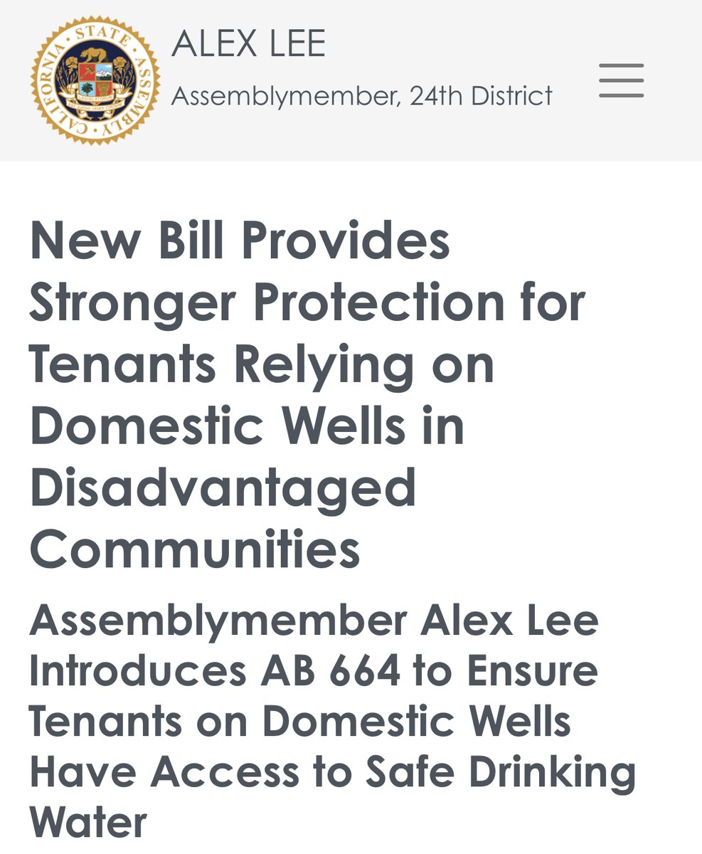 CWaterC's tweet photo. We are excited to work with Assemblymember Alex Lee on #AB664 to ensure that tenants of rental properties served solely by domestic wells have access to safe drinking water. Read the statement: https://t.co/xZWUpNTwYF https://t.co/NDtXrxxUo5