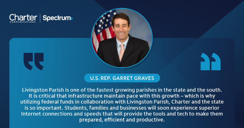 Spectrum_Gov's tweet photo. Charter is investing in Livingston Parish, #LA to provide homes &amp; businesses with access to superior internet connections &amp; speeds. Thanks to #broadband champion @RepGarretGraves's unwavering support, we'll be able to deliver gigabit network access to more Louisianians.