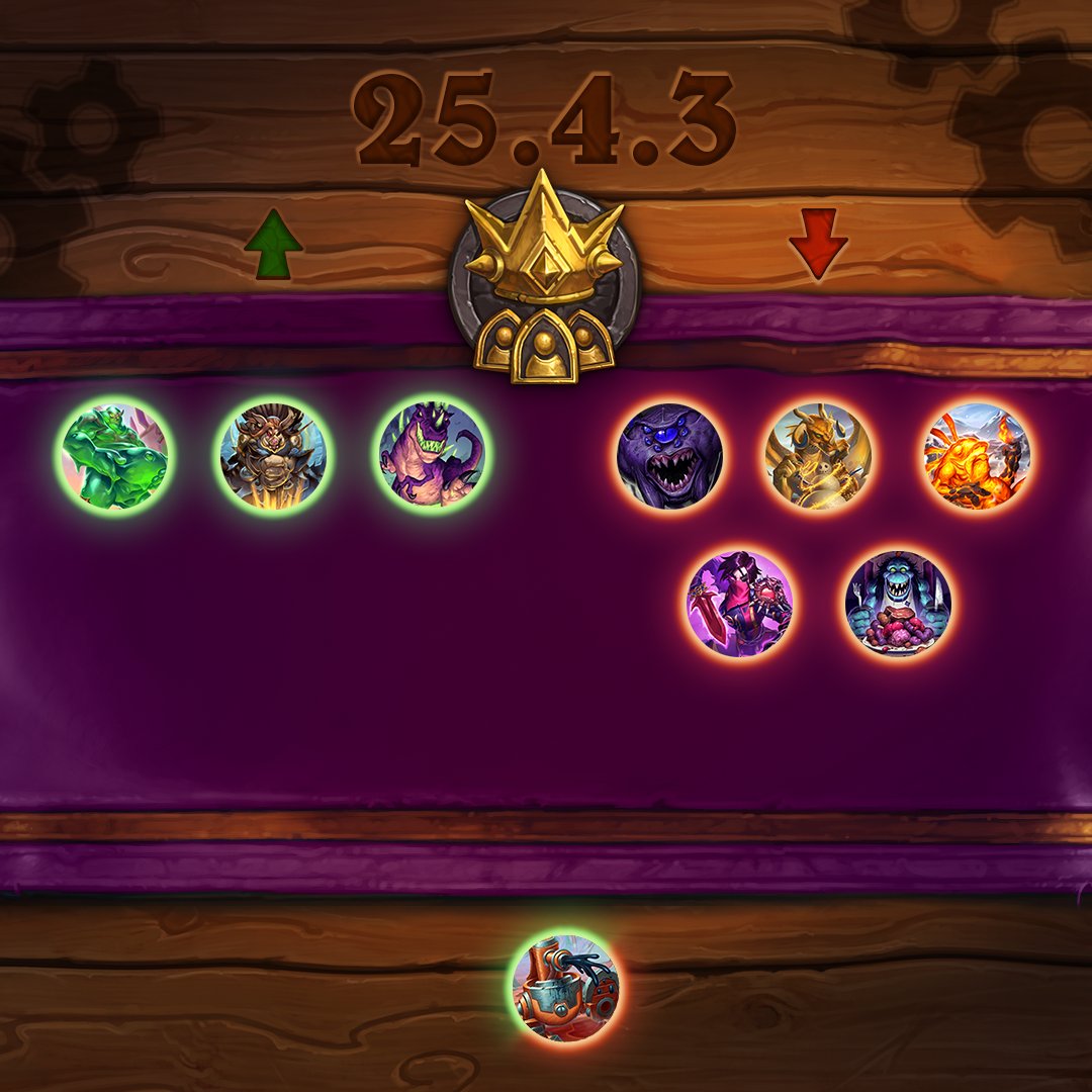 Image shows a wooden surface with "25.4.3" carved into it along with an upward facing arrow and downward facing arrow going in different directions. Covered by a purple and gold table runner that shows portraits of a group of Battleground minions including Jelly Belly, Chronormu, Groundshaker, Felstomper, and Magmaloc.