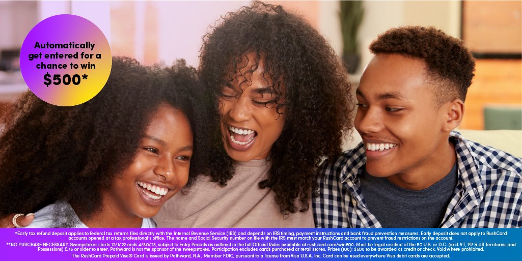 Tired of waiting weeks to get your tax refund? Then, don’t! With RushCard, get your refund payout up to 5 days early* with direct deposit and automatically get entered for a chance to win $500**. Learn more: bddy.me/3IFlPQU
