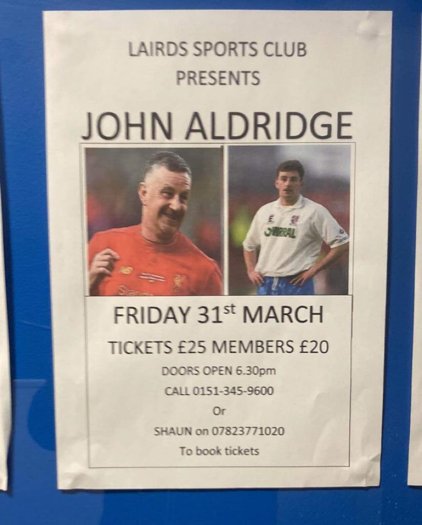 🔴⚪️ An event not to be missed at the Social Club for all #TRFC and #LFC fans. We have @Realaldo474 coming for the evening on Friday 31 March, tickets at just £20 for members and £25 for non-members. Details on how to secure yours below ⬇️