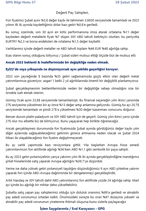 Bilgi Notu 57 / Varlık Yapımızdaki Değişiklik &amp; Şubat 2023 Performansımız Hk. <a href="/eralkarayazici/">Eral Karayazıcı</a>
