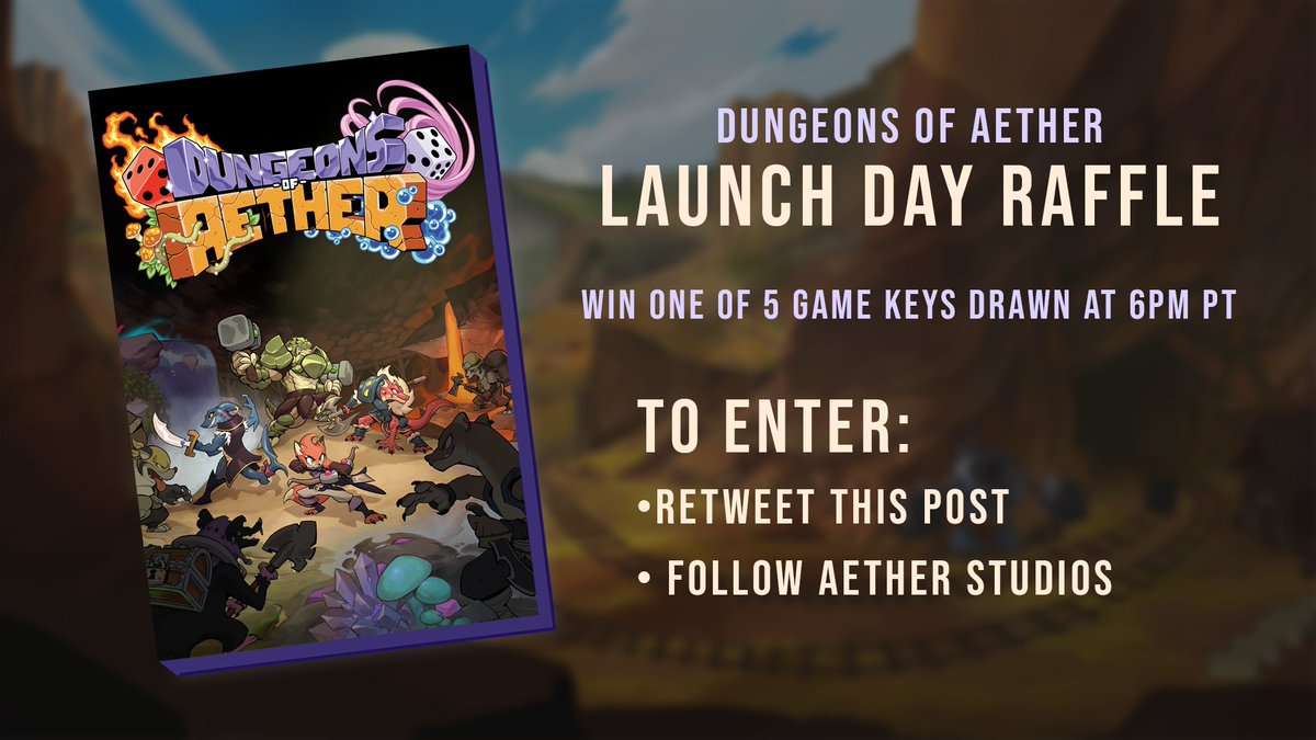 It's LAUNCH DAY so we're doing a raffle for Dungeons of Aether! Be one of 5 lucky winners to get a free copy of the game. Winners will be drawn tonight at 6pm PT / 9pm ET.

 🎟️ Retweet this post and follow <a href="/StudiosofAether/">Aether Studios</a> 
❤️ Tag a friend
🎮 store.steampowered.com/app/1668290/Du…
