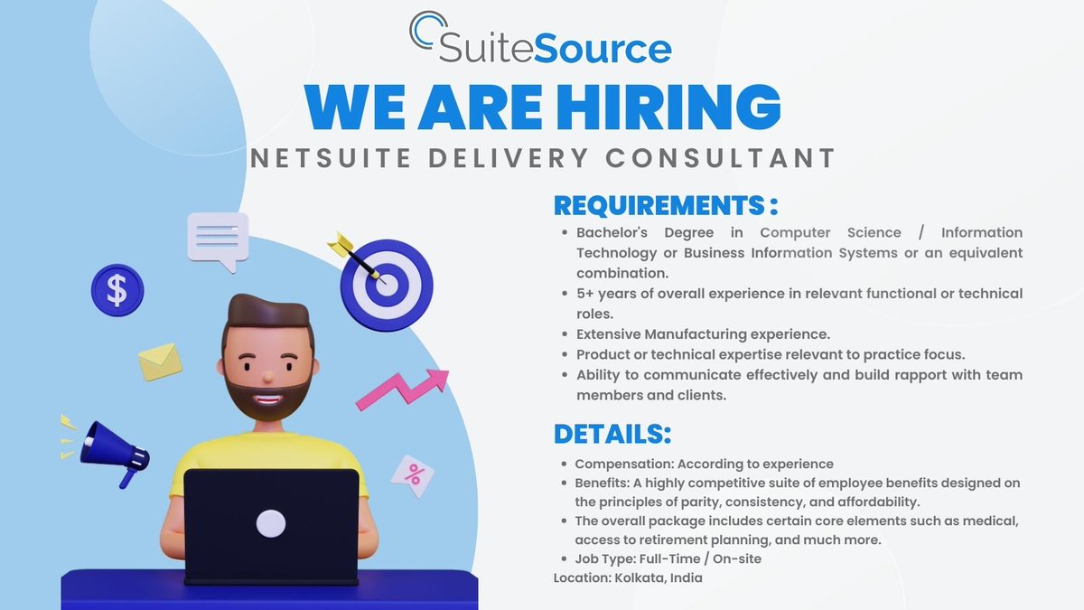 Attention #NetSuiteDelivery Consultants with #WMS experience in #Kolkata #India.
We have an #OnSite position for you: ow.ly/bMwp50MQO6h
#KolkataJobs #KolkataHiring #Implementation #ITJobs #Career #Resume #HiringNetSuite #SuiteSourceJobs