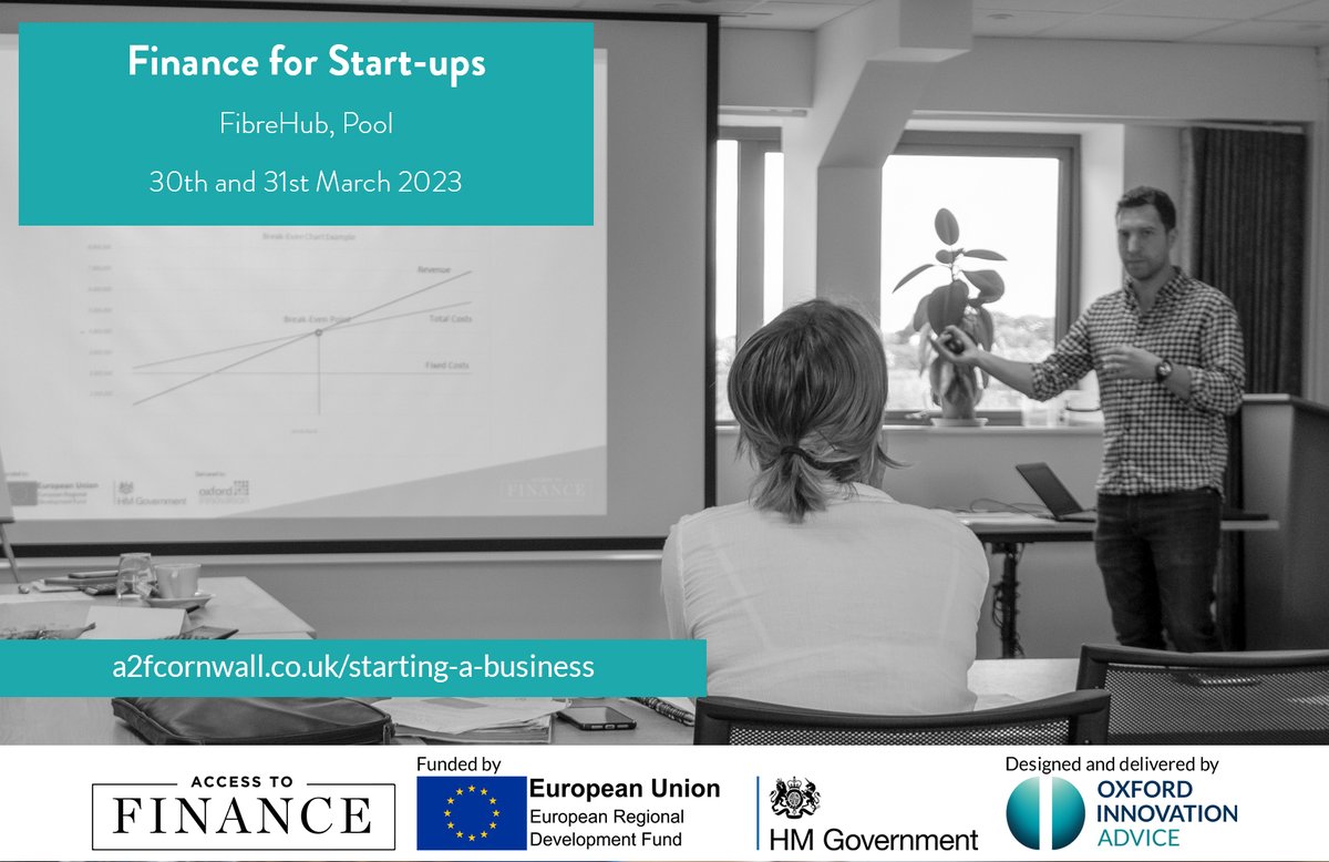 If you are developing your new #startup business, check out our Finance for Start-ups course, offering free advice on how to manage your finances. Our next one is at <a href="/Fibre_Hub/">FibreHub</a> in #Pool on 30th and 31st of March. Book here: a2fcornwall.co.uk/finance-for-st…