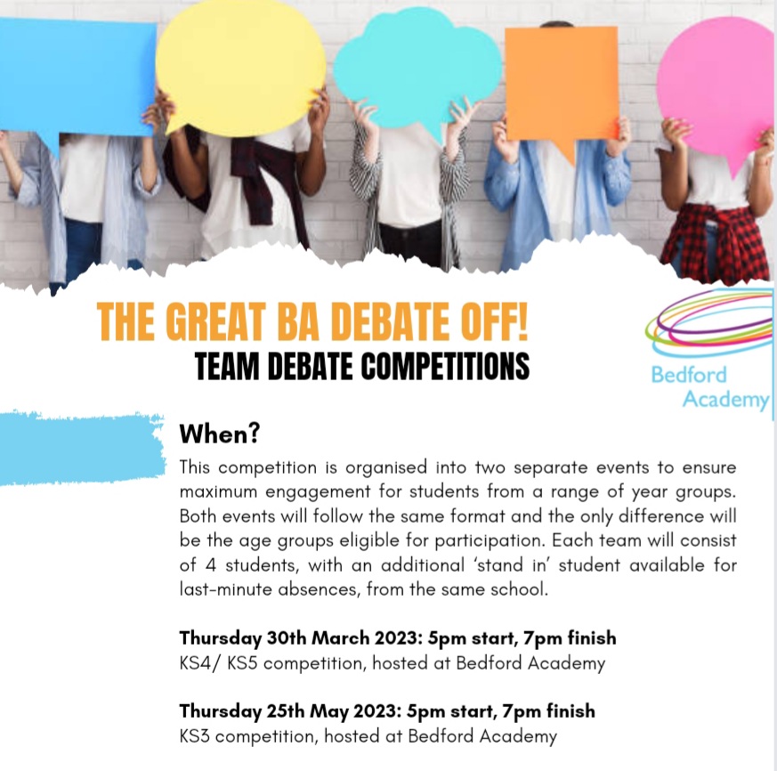 MrsPCMcCusker's tweet photo. BA @Bedford_Academy are running debate competitions this year to promote debate skills in students from all backgrounds! Dates below! 👇

We're looking for schools to submit 1 team of 4 students. If your school would be interested, comment below for full details! 
@heartacadtrust https://t.co/UdSLmPVAfn
