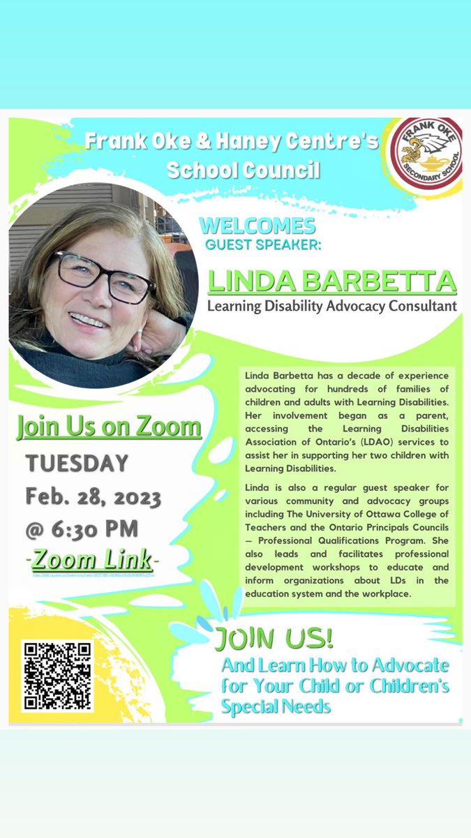 📣 Join us today on #Zoom as we welcome Spec. Ed consultant, Linda Barbetta @ 6:30 PM EST.

🔗👉 tdsb-ca.zoom.us/j/94957057314

#SpecialNeeds #AutismSpectrum #DownSyndrome #LearningDisabilities #MildInterlectualDelay #DevelopmentalDelay