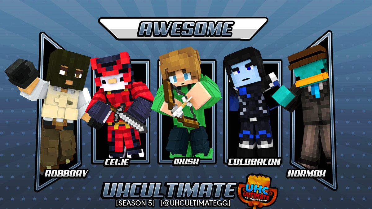 UHCUltimateGG's tweet photo. Introducing our next team for this season of UHC Ultimate! Team Awesome!

@Normohh 
@irushtheworld 
@ColdBac 
@Ceijeee 
@Robbory 

Be sure to check out their perspectives on March 19, Sunday @ 5 PM EST! https://t.co/gtcM08z8U8