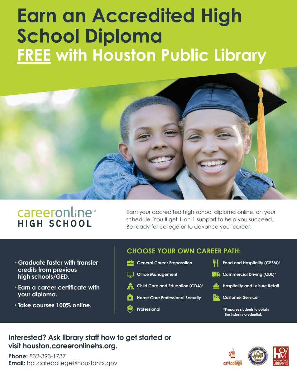 Did you know that Houston Public Library offers a free program for adult learners to complete their high school diploma? It's a free program and flexible to fit your schedule! To get started, visit houston.careeronlinehs.org 
#adulteducation #literacy #GED #adultlearner