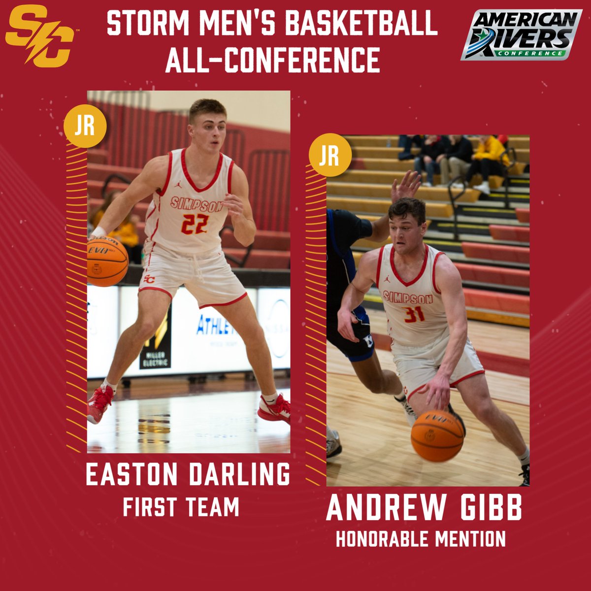 Two members of the <a href="/SCStorm_MBB/">Simpson Men's Basketball</a> team earned All-American Rivers Conference honors. 

Easton Darling was named to the first team and Andrew Gibb was tabbed as an honorable mention selection. 

📰 bit.ly/3m1TIDF

#rollriversMBB