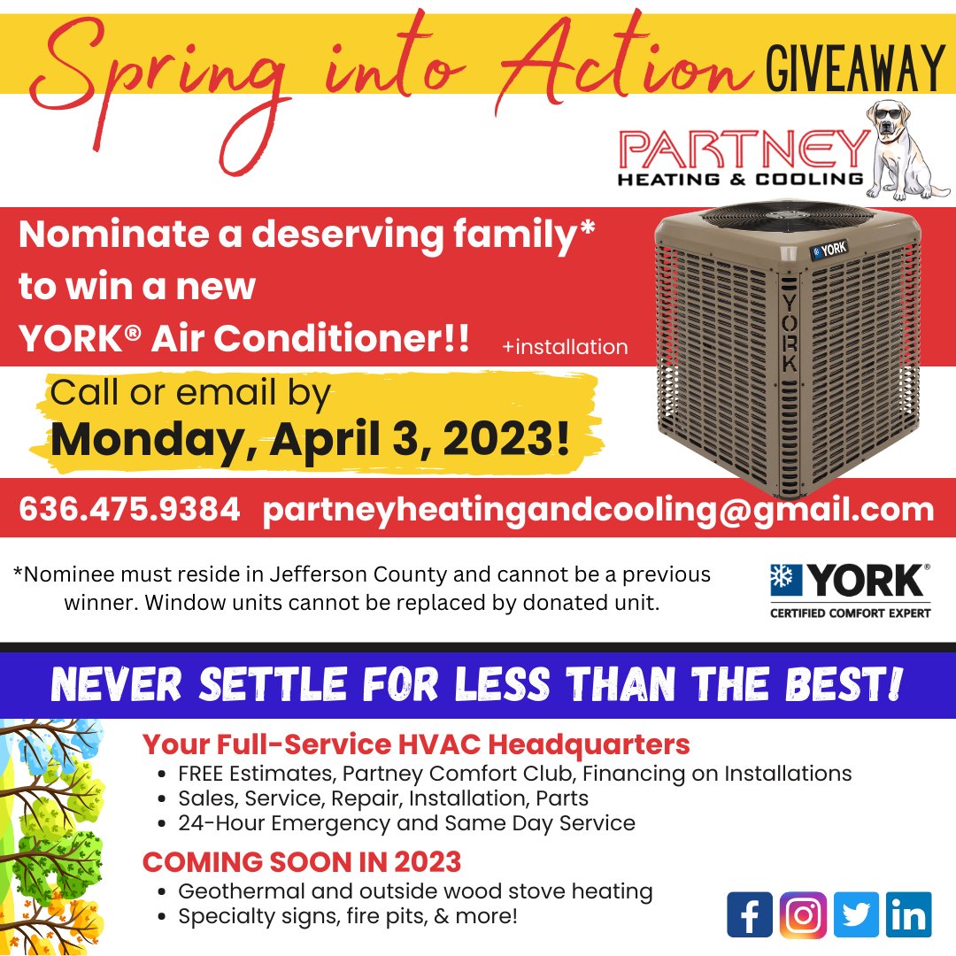PartneyHVAC's tweet image. 🚨 A T T E N T I O N 🚨

Spring time is GIVEAWAY time for Partney Heating &amp;amp; Cooling! Help us give back, nominate a deserving family today!

Don't forget to spread the word...SHARE SHARE SHARE!

#partneyheatingandcooling #springgiveaway #hvac #sharethelove #jeffersoncountymissouri