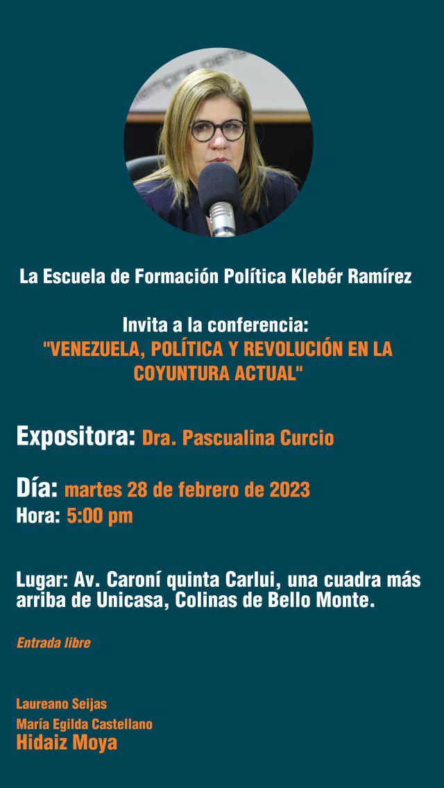 Esta tarde a las 5 pm. Escuela de Formación Política Kléber Ramírez.